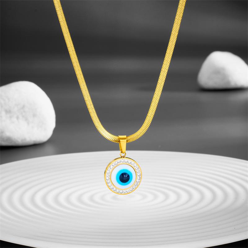 Women's Korean Style Minimalist Stainless Steel Necklace with Mother-of-Pearl Demon Eye Pendant