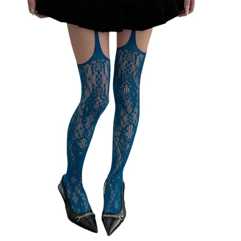 Women Sexy Sheer Fishnet Suspender Tights Garter Belt Pantyhose Hollowed Out Flower Pattern Colored Thigh High Stockings