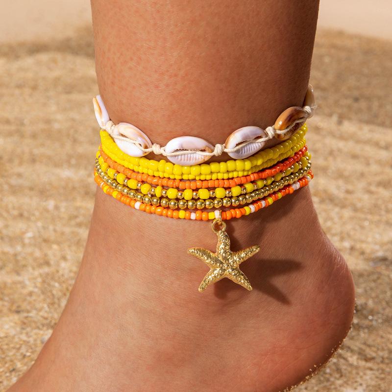 Bohemian holiday style acrylic shell woven anklet, beach style resin starfish anklet seven pieces
