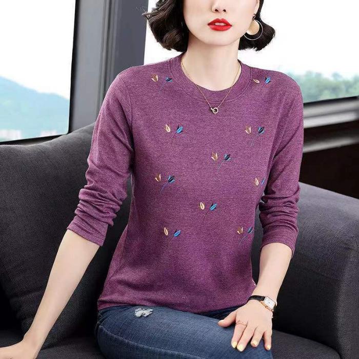 Spring and Autumn Long-sleeved Round Neck Loose Large Size Mother Middle-aged Solid Color Thin Ladies Blouse Bottoming Shirt