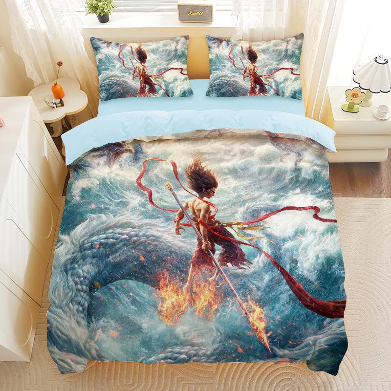 Nezha 2 Movie Three-piece Set Cartoon Quilt Cover Pillowcase Shen Gongbao Aobing Quilt Cover Sanded Pillowcase Bedding