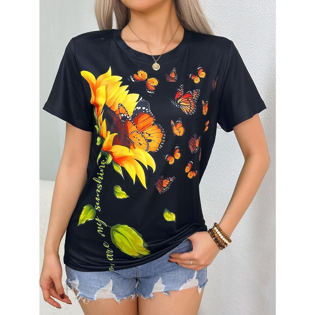 Women's T-shirt with butterfly print, casual crew neck, street style top, comfortable and breathable