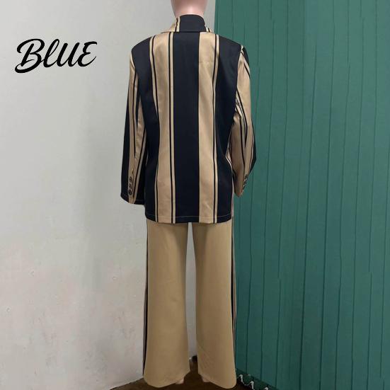 Ținută de Birou 2 Bucăți/Set Set Formal Doamnă Sacou Pantaloni Mânecă Lungă Bloc de Culoare Dungat Guler Revers Cardigan Jachetă Pantaloni Lungime Medie Crăpătură Pantalon Evazat