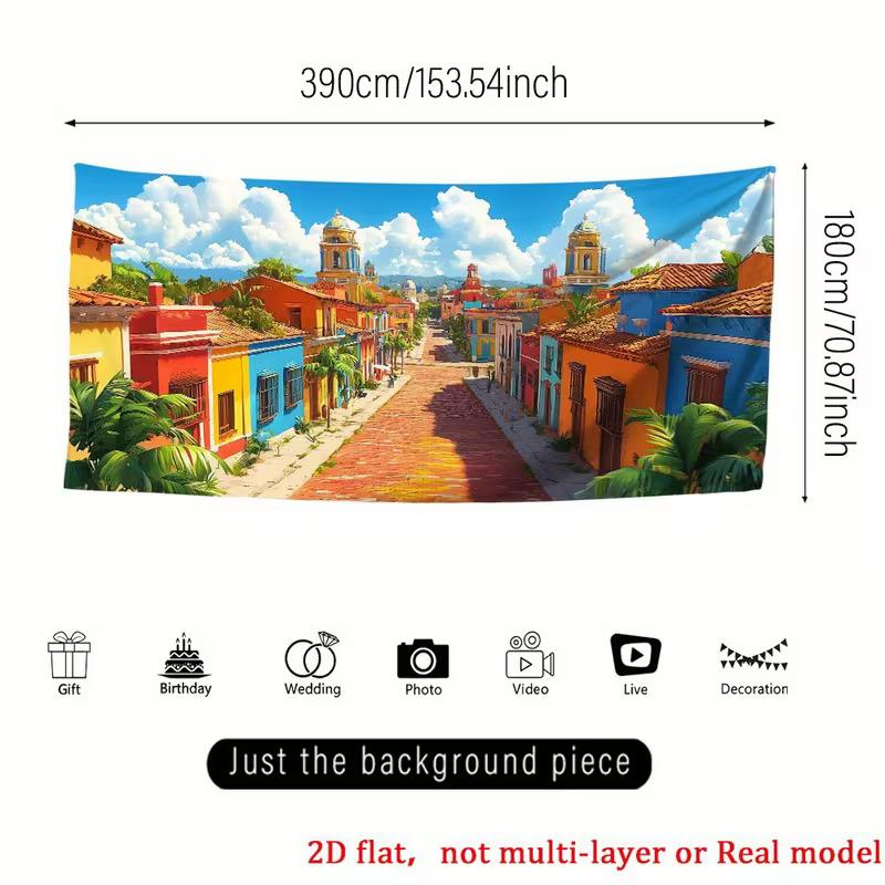 2D Dreamy Caribbean Town Tapestry, Palm Trees & Cobblestone Street