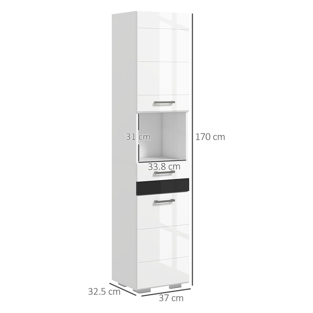 Bathroom Column in MDF with Open Shelf, Drawer and Closed Cupboard, 37x32.5x170 cm, White