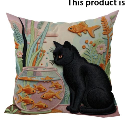 Black Cats with Goldfish Theme Double-sided Printed Pillow Cover Short Plush Suitable Living Rooms Bedrooms Throw Cushion Cover
