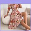 Flower Off Shoulder Short Sleeve A Line Dress With Ruffle Hem For Vacation And Casual Wear