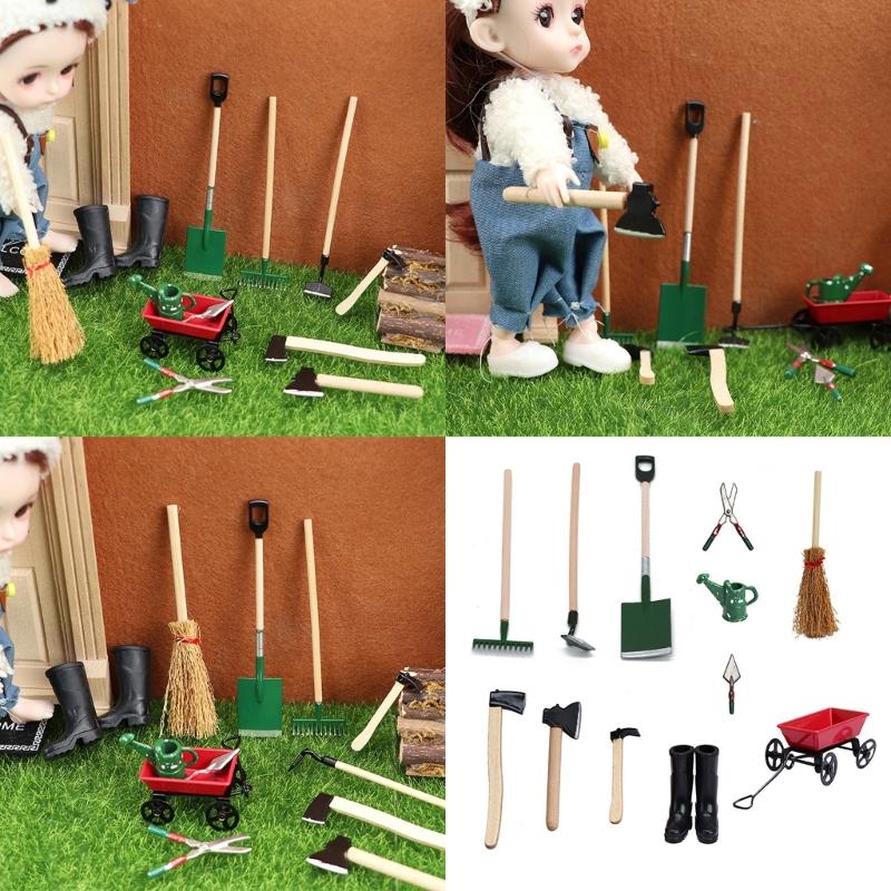 12PCS Dollhouses Gardening Accessories Tool Set with Rainboot Broom Shovel Rake For 1/12 Scale Garden Scene Decoration