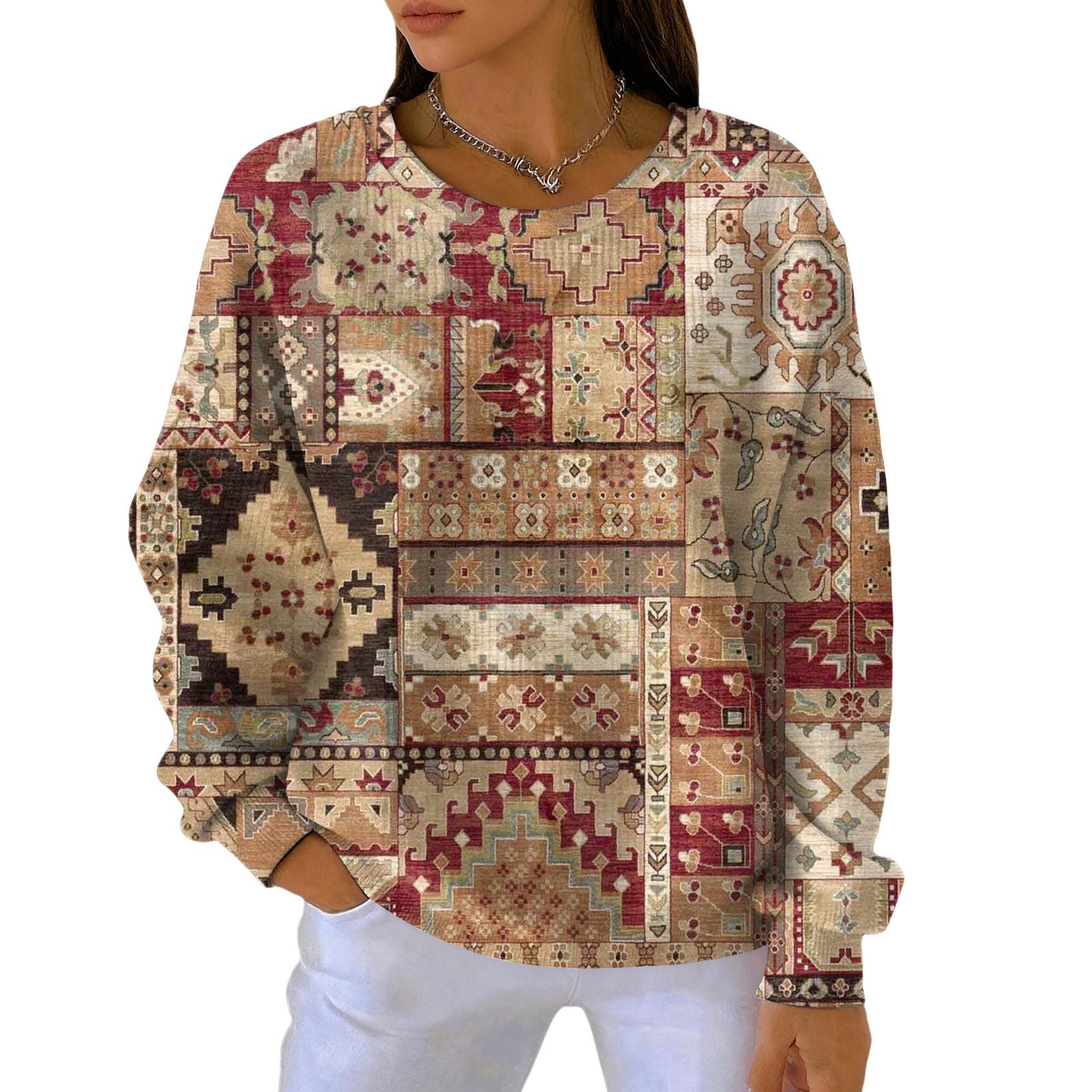 

Женский модный повседневный пуловер с градиентным винтажным принтом, спортивный топ с длинным рукавом L верблюд