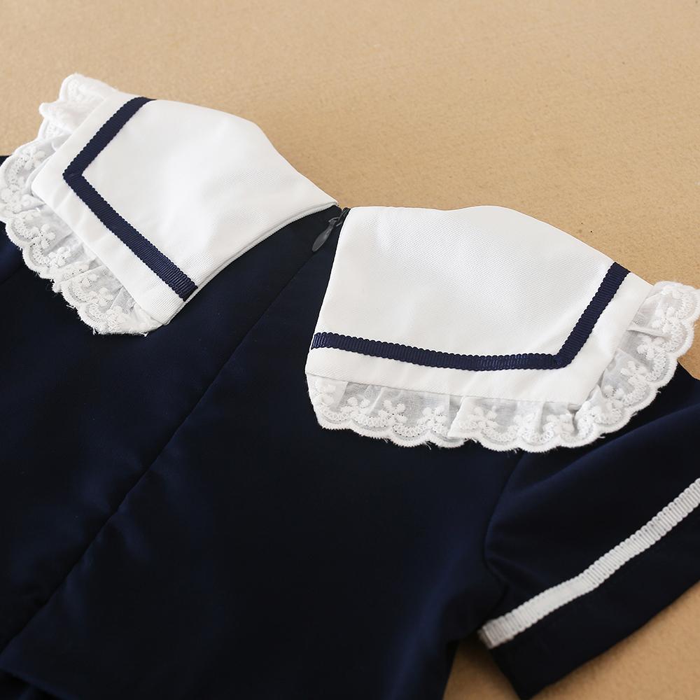 Girls Summer Dress 100% Cotton Navy Blue Clothes for Kids Aged 2-6 Years with White Collar Short Sleeves Children Dresses