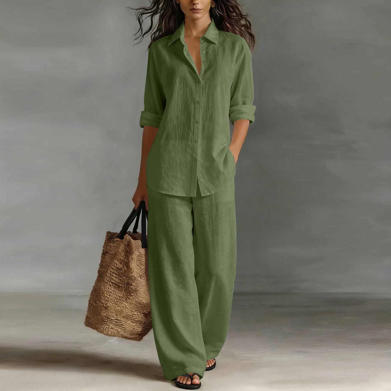 

Fashionable And Sexy Women s Spring And Summer Retro Elastic Waist Strap Linen Suit Women s Fashion Color Casual Two-piece Set L армия зеленый