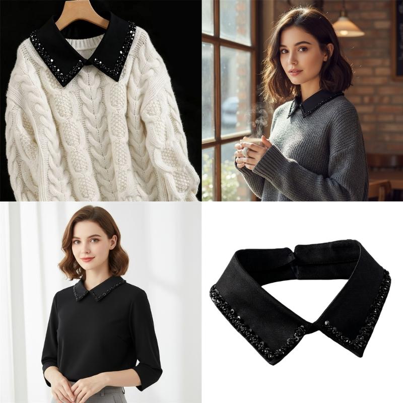 Japanese Style Fake Collar For Shirts Removable Rhinestones Decorated Polyester Fashion Accessory