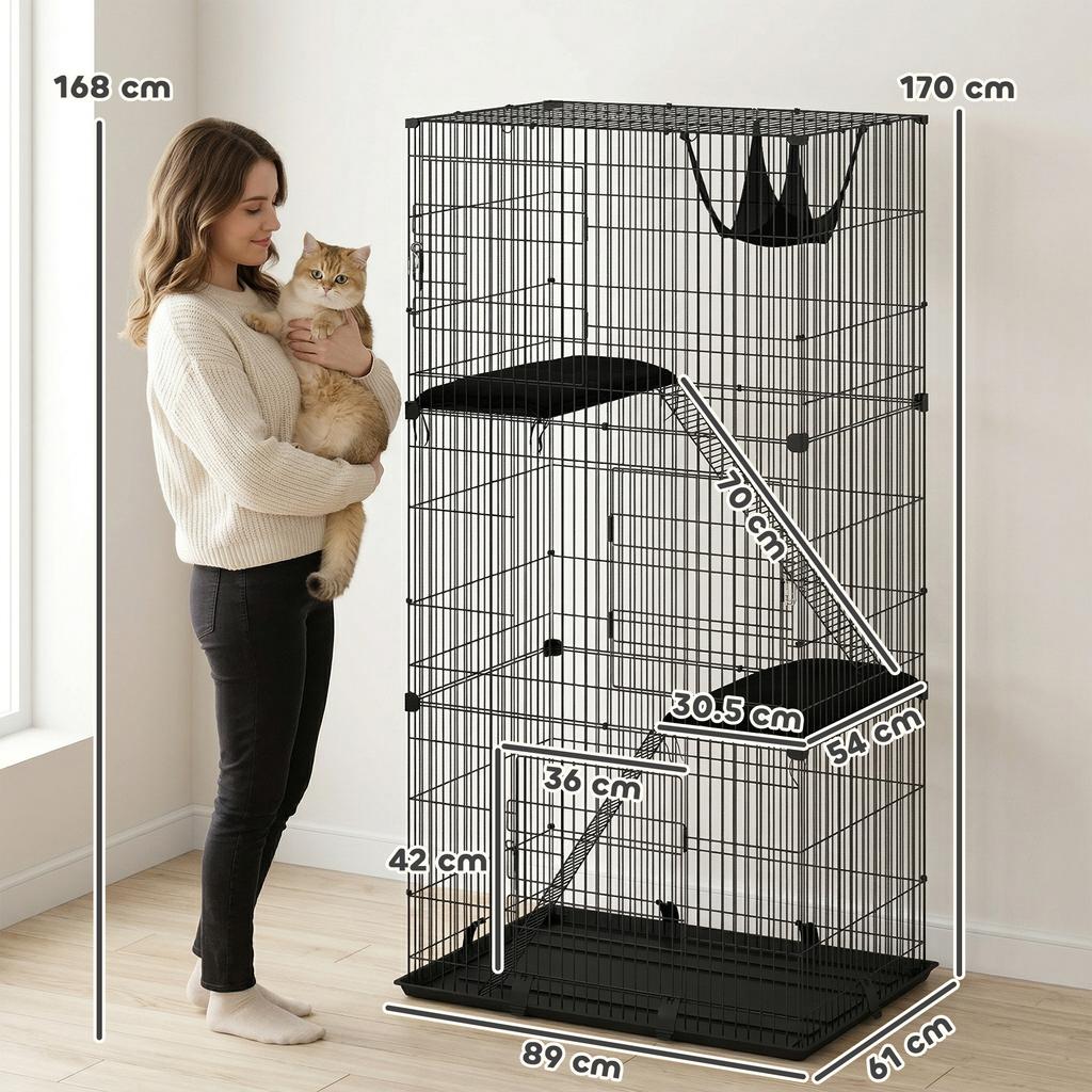 3-Tier Large Cat Cage Indoor, Detachable Metal Wire Kennel with Hammock, Platforms, Tray and Cushions for 1-2 Kittens