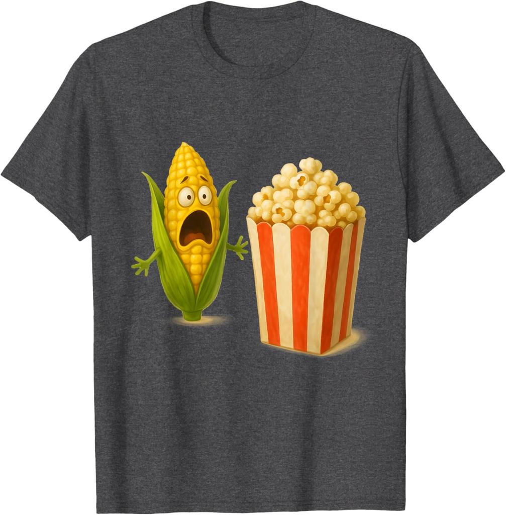 Funny Screaming Corn Popcorn Horror Food Humor Graphic Tee Casual Cotton T-Shirt for Men Women