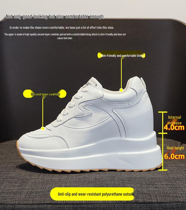 Women's 2025 Spring Height-Increasing White Sneakers - 10CM Thick Sole, Genuine Leather, Casual Sports Shoes