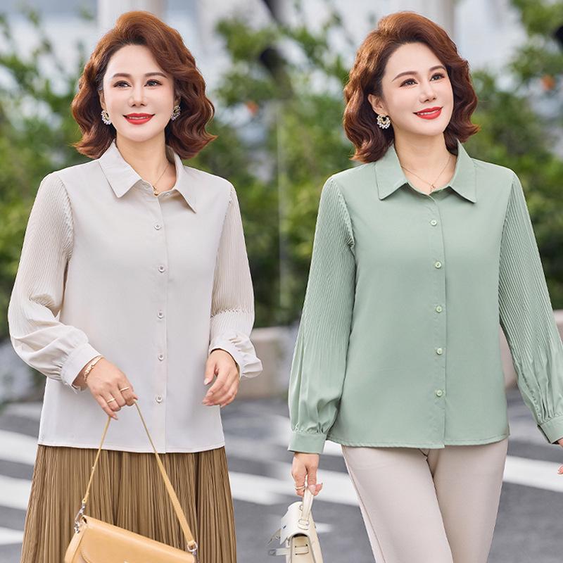 Chic Loose Long-Sleeved Lapel Top for Middle-Aged Women, Plus Size, Lightweight Spring/Summer Shirt