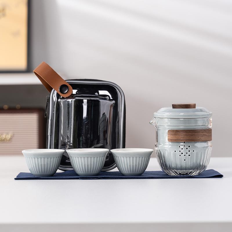 Modern simple Kung Fu travel tea set, glass filter, one pot, three cups set, high-end business commemorative gift