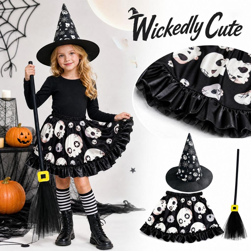 Girls Halloween Pumpkin Print Dress with Witch Hat and 3 Piece Costume Set