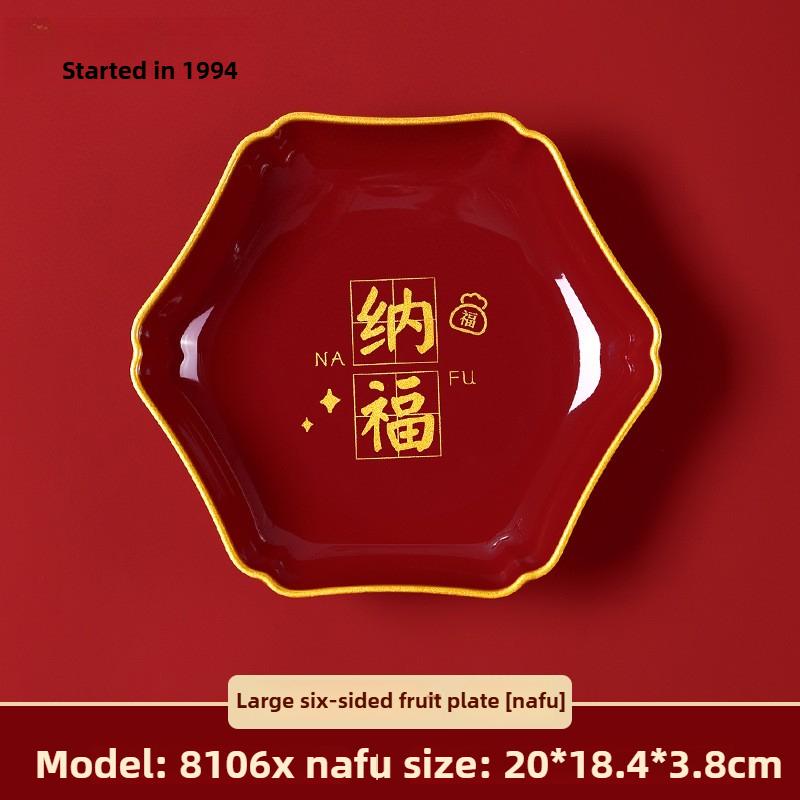 

Red festive hot stamping lucky words attract wealth and fortune fruit plate,home living room New Year snacks candy display plate