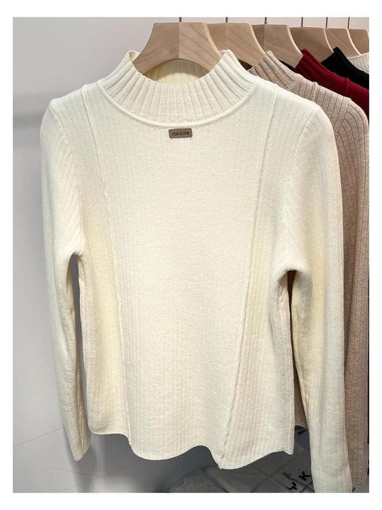 Women's Mink Fleece Sweater: Velvet-Thickened, Half-High Neck, Knitted Base Layer, Slim Fit, Warm Top for Autumn and Winter