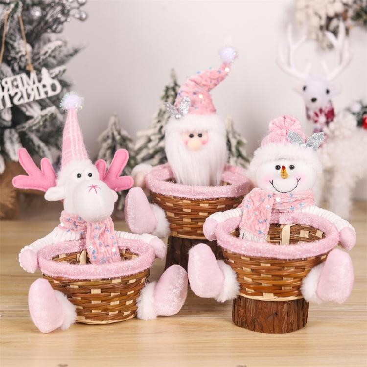 Elegant Bamboos Round Baskets Holiday Bamboos Basket with Figurine Doll for Christmas Snacks and Gift Storage