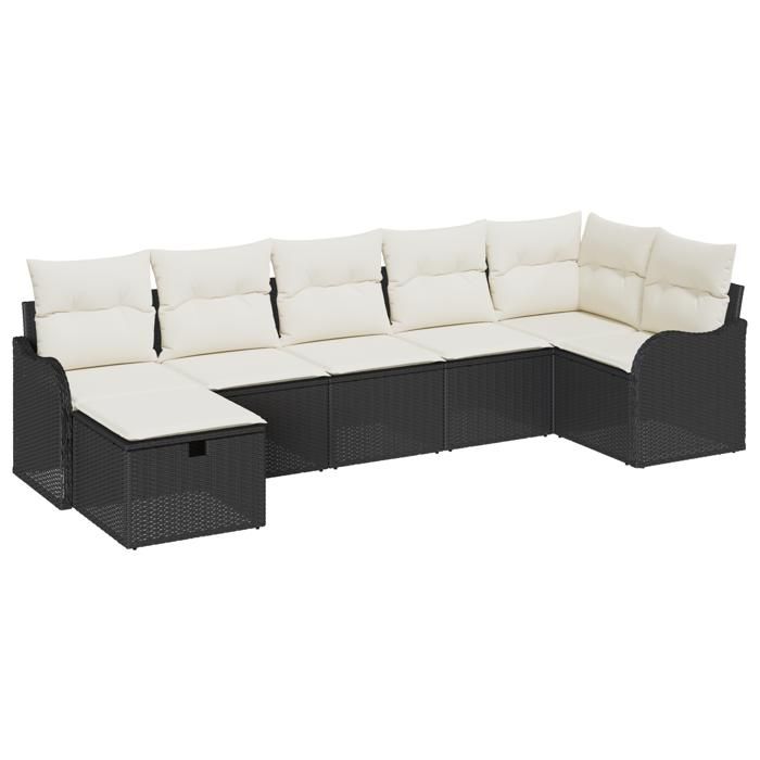 Ensemble de canapé de jardin 7 pièces noir poly rattan avec coussins, Canapé de jardin 2 places noir poly rattan avec 3358996