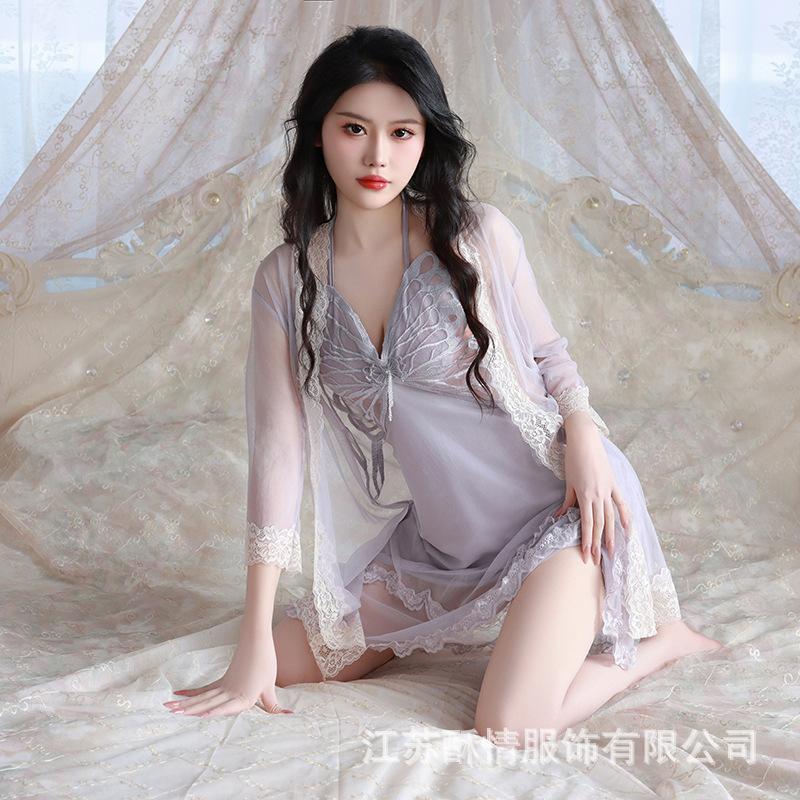 Sexy nightdress big butterfly neck suspender skirt mesh robe set women's pajamas Douyin popular home nightdress