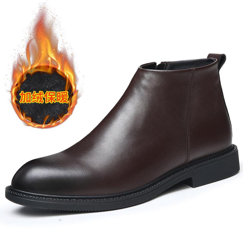 Chelsea boots men's autumn and winter leather velvet short boots British style high-top trendy versatile warm leather boots