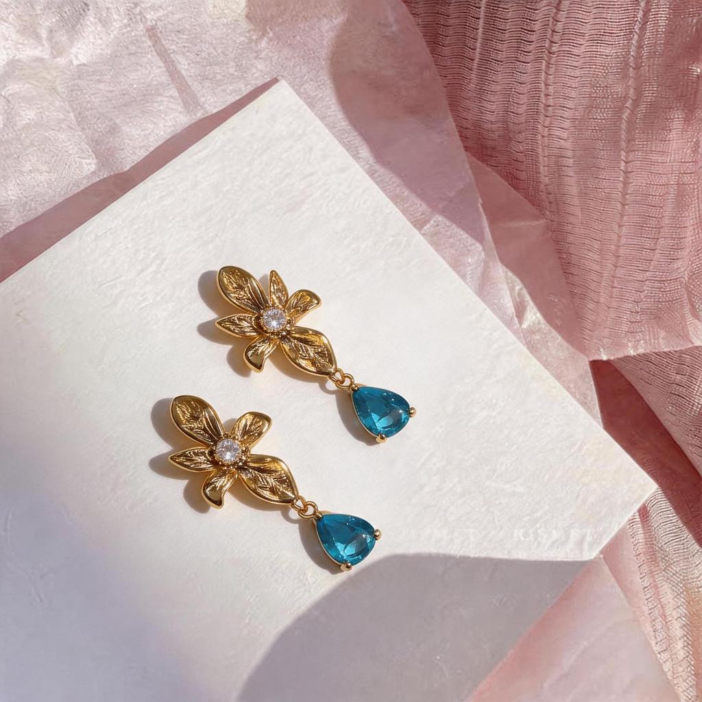 18k Gold-Plated Zirconia Floral Drop Stud Earrings - Exquisite Retro Luxury Jewelry