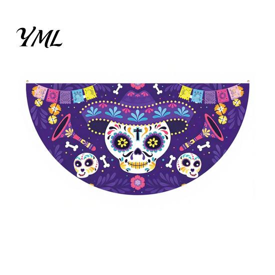 Durable Polyester Bunting Day of The Dead Skull Banner, Marigold Print Fiesta Decorative Wall Hanging Flag, Colorful Sugar Outdoor Yard Party