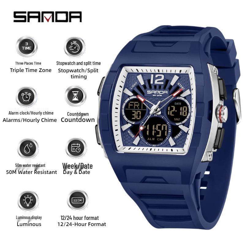 Sanda Men's Sports Barrel-Shaped Luminous Countdown Watch with Triple Time Zone and Dual Display, Waterproof Design.