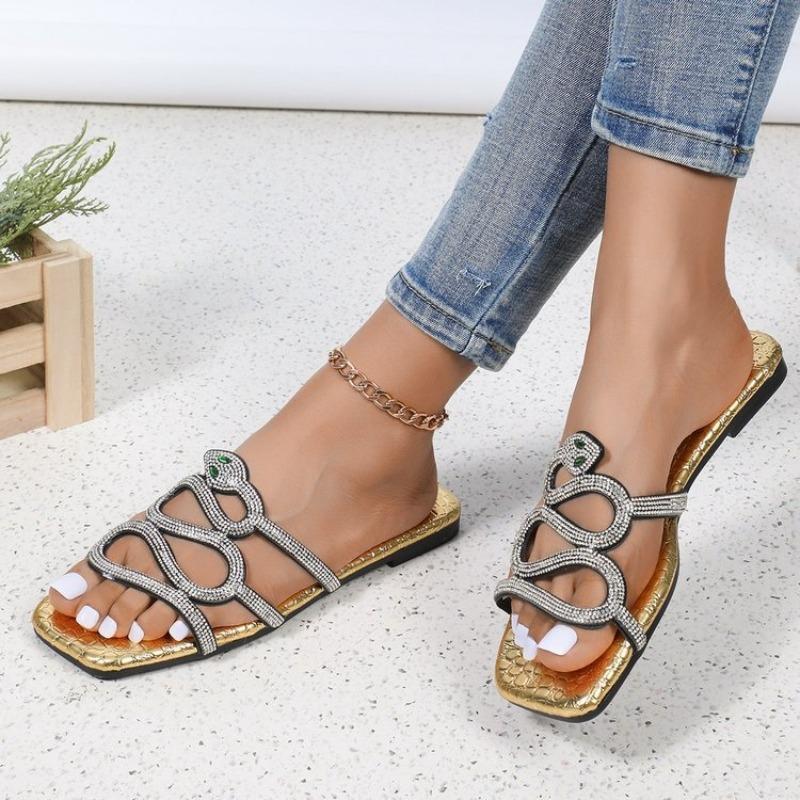 Large Size Flat Slippers Women's Rhinestone Flat Sandals Slippers Women's Tea Explosion