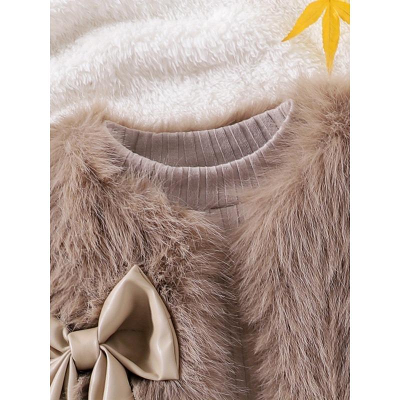 Winter Warmth Outfit Set - Elegant Beige & Brown Plaid Pleated Skirt Dress with Long Sleeve Blouse & Fluffy Bow Vest, Machine Washable Cozy Sweate