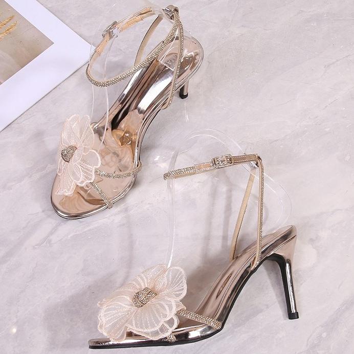 European and American Rhinestone Embroidered Flower Large Size Stiletto Sandals Women's One-word Buckle High Heels