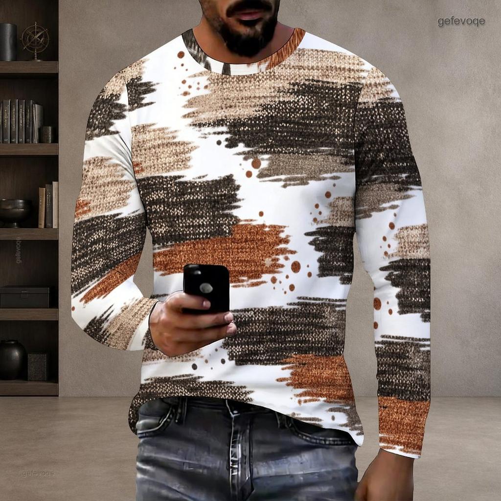 Men Plus Size Round Neck Long Sleeve Printed T Shirt White Red Black Pullover