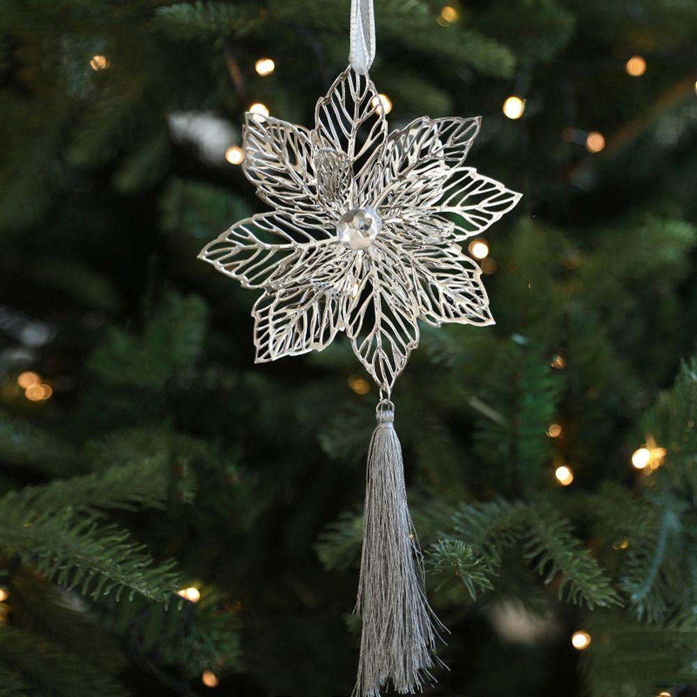 Silver Gold Christmas Snowflakes Pendants Exquisite Handmade Christmas Poinsettia Ornaments with Tassels Iron