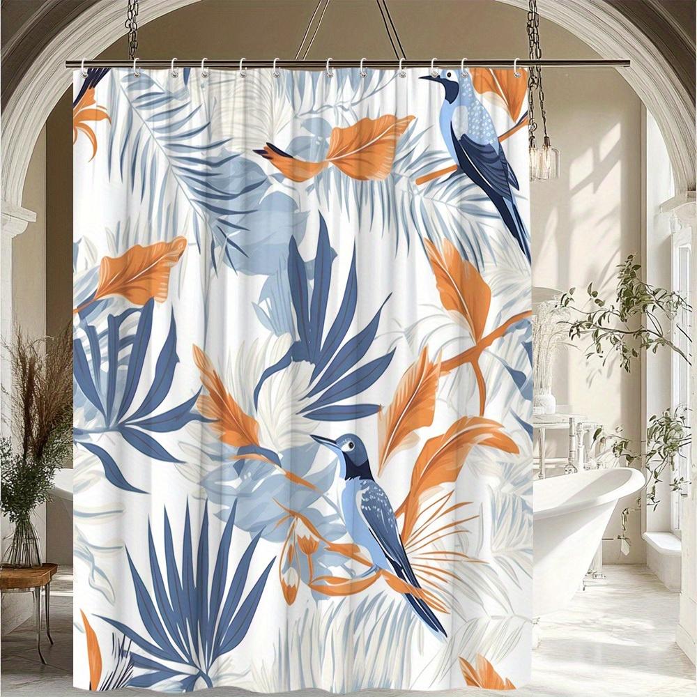 

1pc Tropical Bird & Plant Pattern Shower Curtain - Vibrant Blue, Orange & White Design, Durable Polyester Fabric, 90x180cm