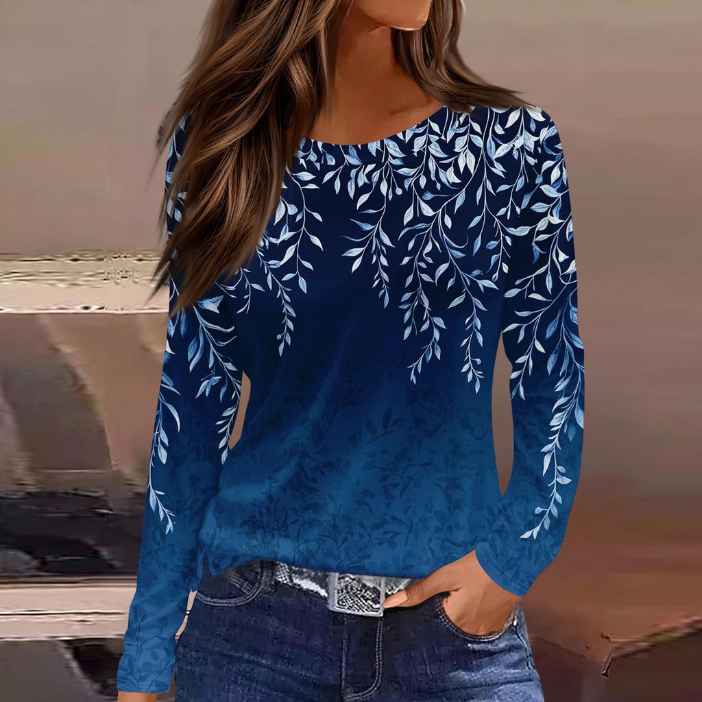 Women's Fashion Casual Slit Hem Round Neck Long Sleeve Loose Printed T-Shirt Ladies Top Christmas