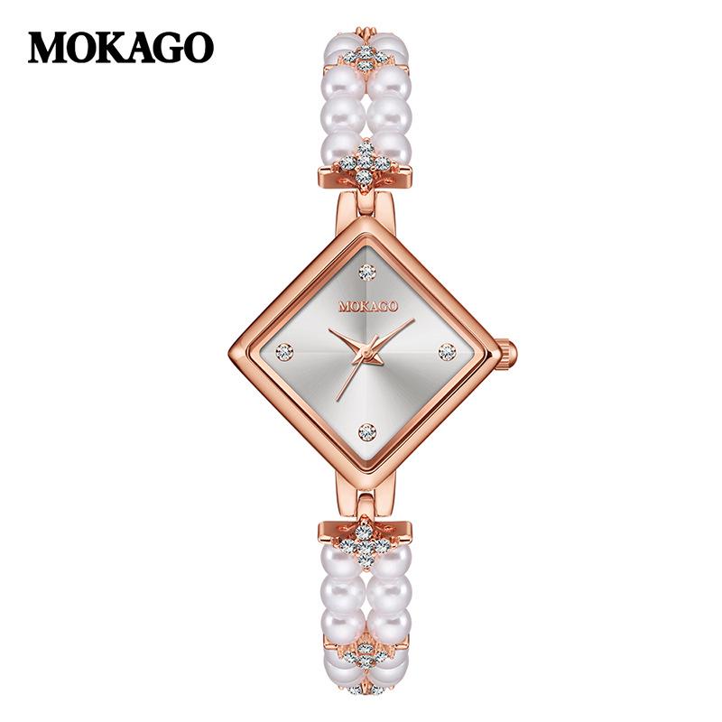 Женские легкие водонепроницаемые часы MOKAGO с ромбовидным корпусом из сплава, кварцевым механизмом и циферблатом с гильошированием  солнечные лучи  из перламутра