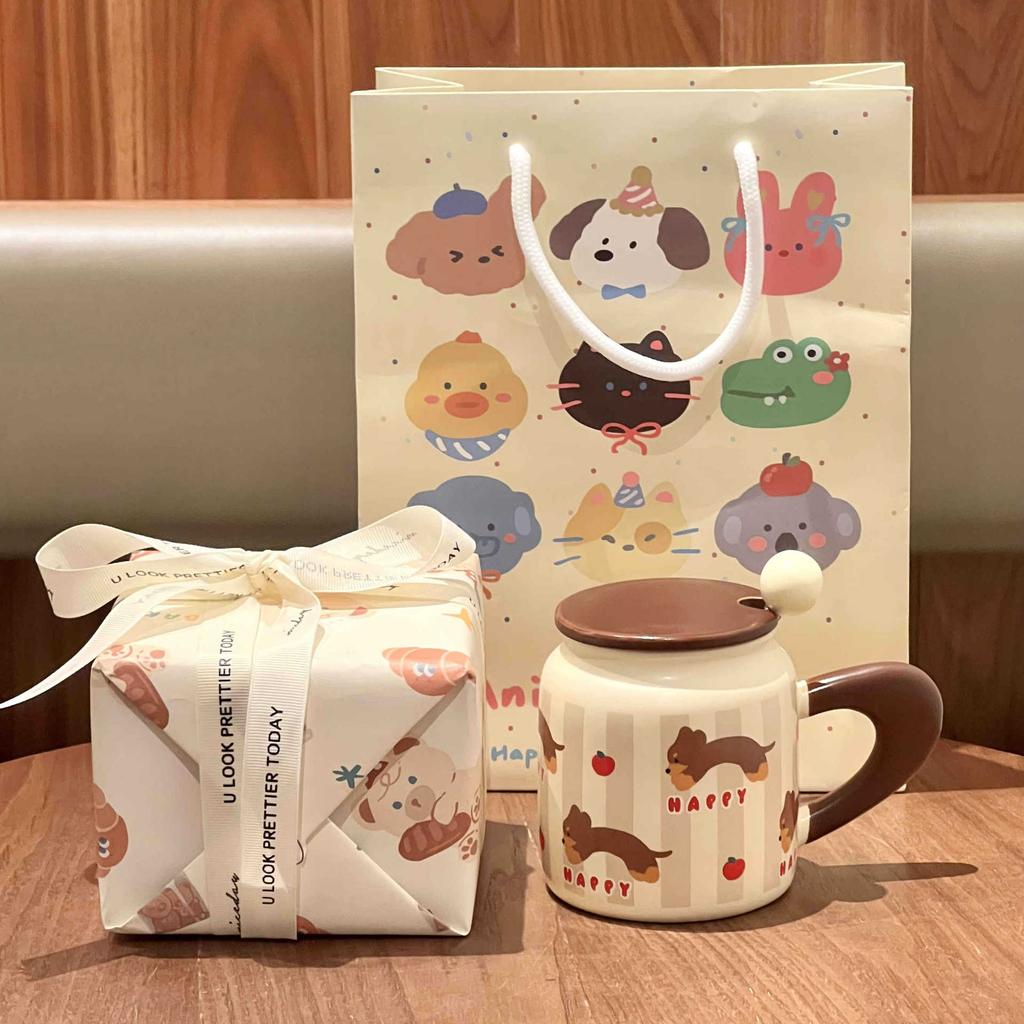 Niedliche Party-Welpen-Keramiktasse mit Deckel für Mädchen-Geburtstagsgeschenk, praktisches Souvenir-Geschenkset für Freundinnen