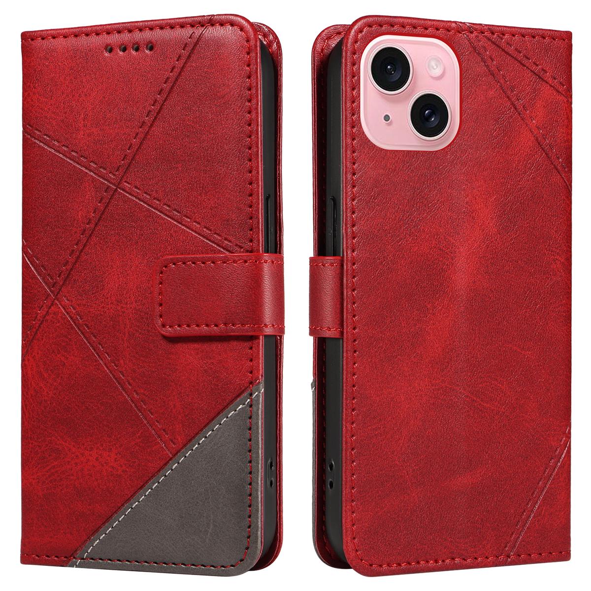 

For iPhone 15 Case PU Leather Matte TPU Folio Wallet Phone Cover Geometric Lines E