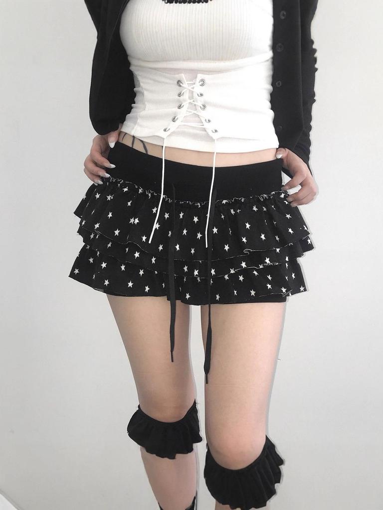 Star Print Ruffle Skirt: Elastic Waist, Layered, Sweet & Spicy Style, Spring/Autumn.