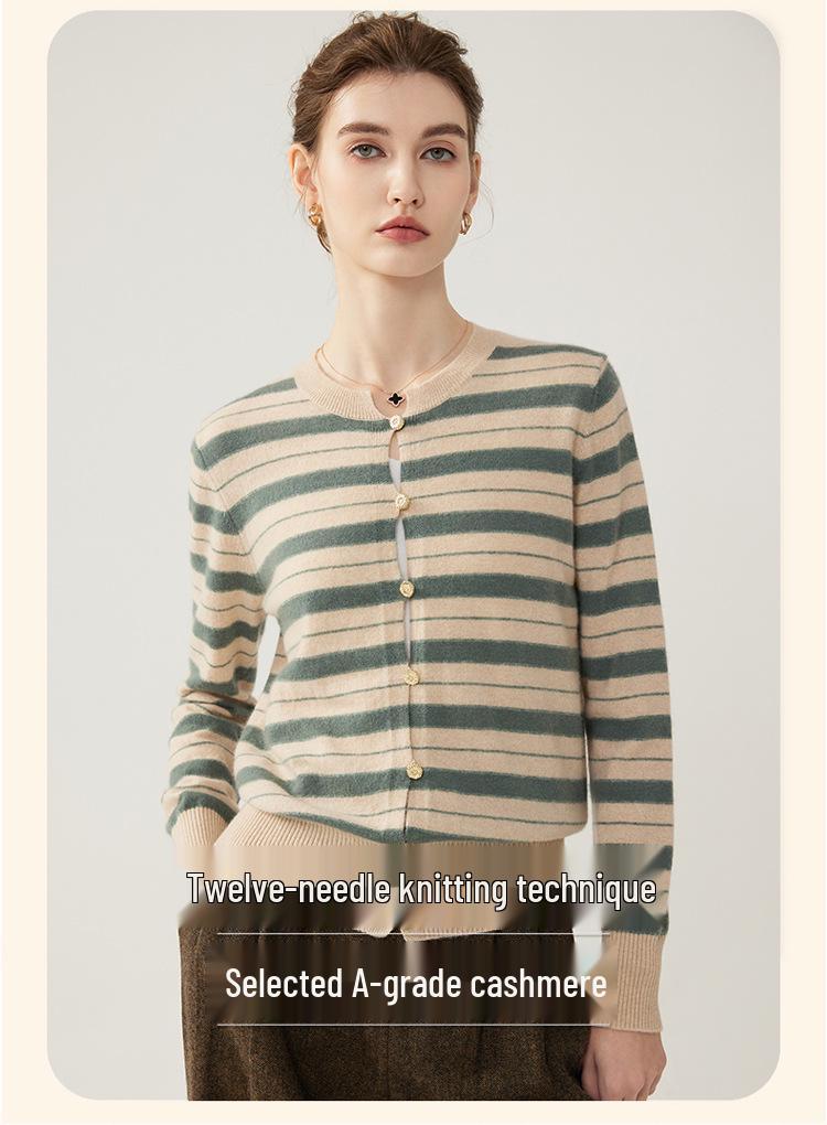 Women's Elegant Slim Fit Striped Cashmere Crew Neck Cardigan - 2026 Winter New Style, Chic Single-Breasted Top.