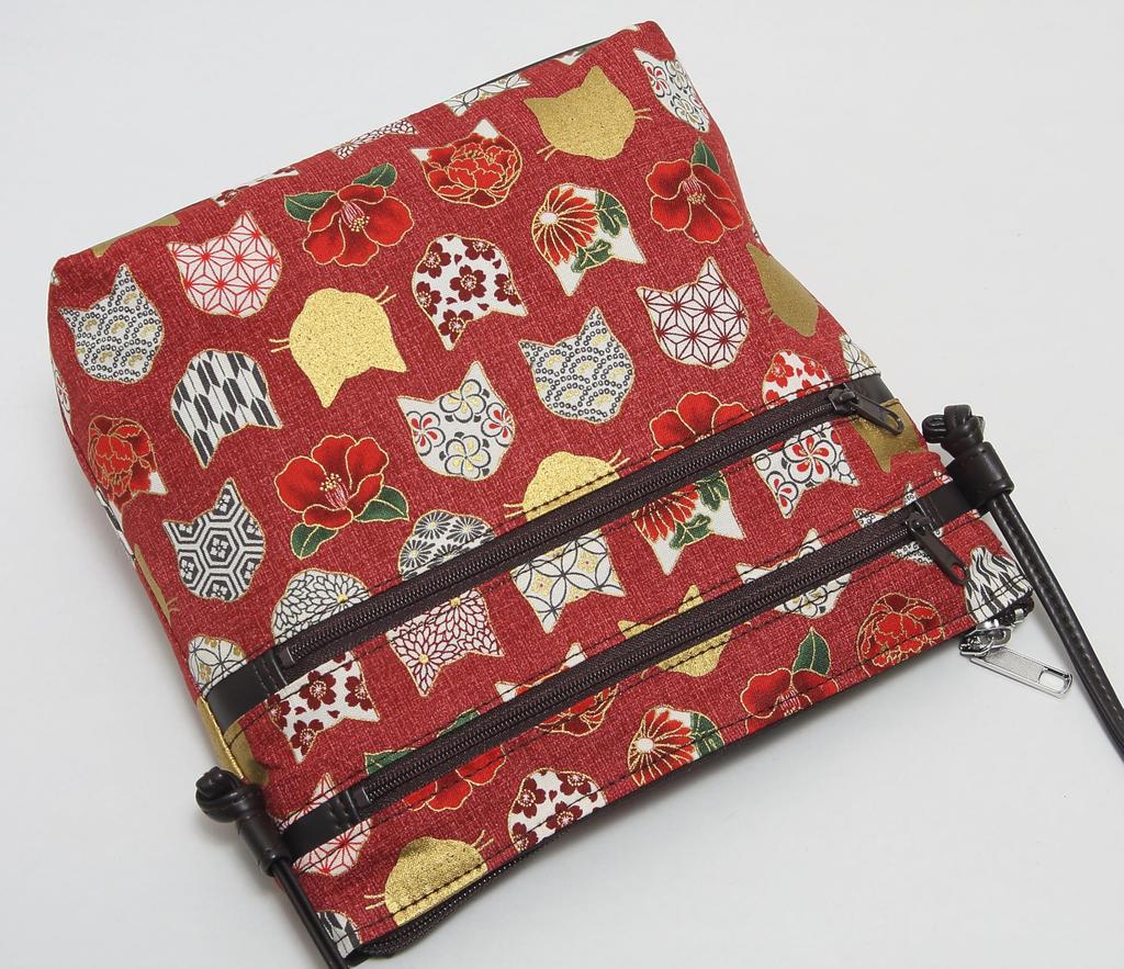 Hasegawa Cat Print Shoulder Bag, Cute Japanese Pattern, Women's, Made in Japan (Red)