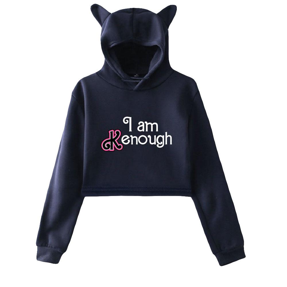 NEW Women's Long Sleeve Crop Top Hoodie Barbie I Am Kenough Printed Hoody with Cute Cat Ear
