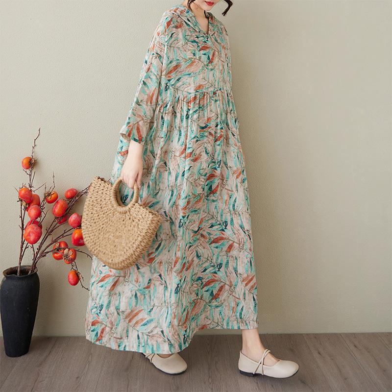 

Dimanaf 2025 Лето Женщин Плюс Размер Длинные Платья Толстовки Плиссированные Цветочные Базовые Повседневные Свободные Винтажные Платья Макси One Size зелёный