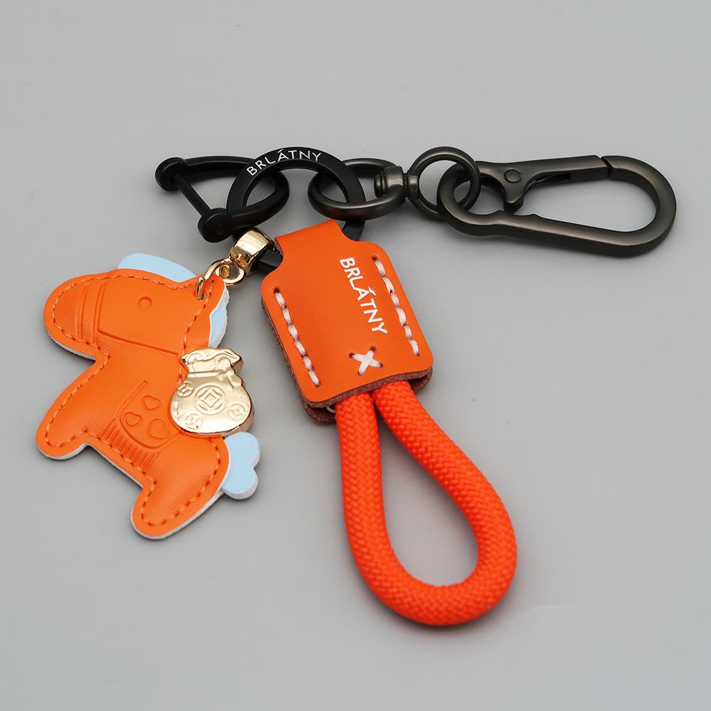 Handmade Genuine Leather Horse Keychain with Anti-Lost Lanyard and Woven Rope.