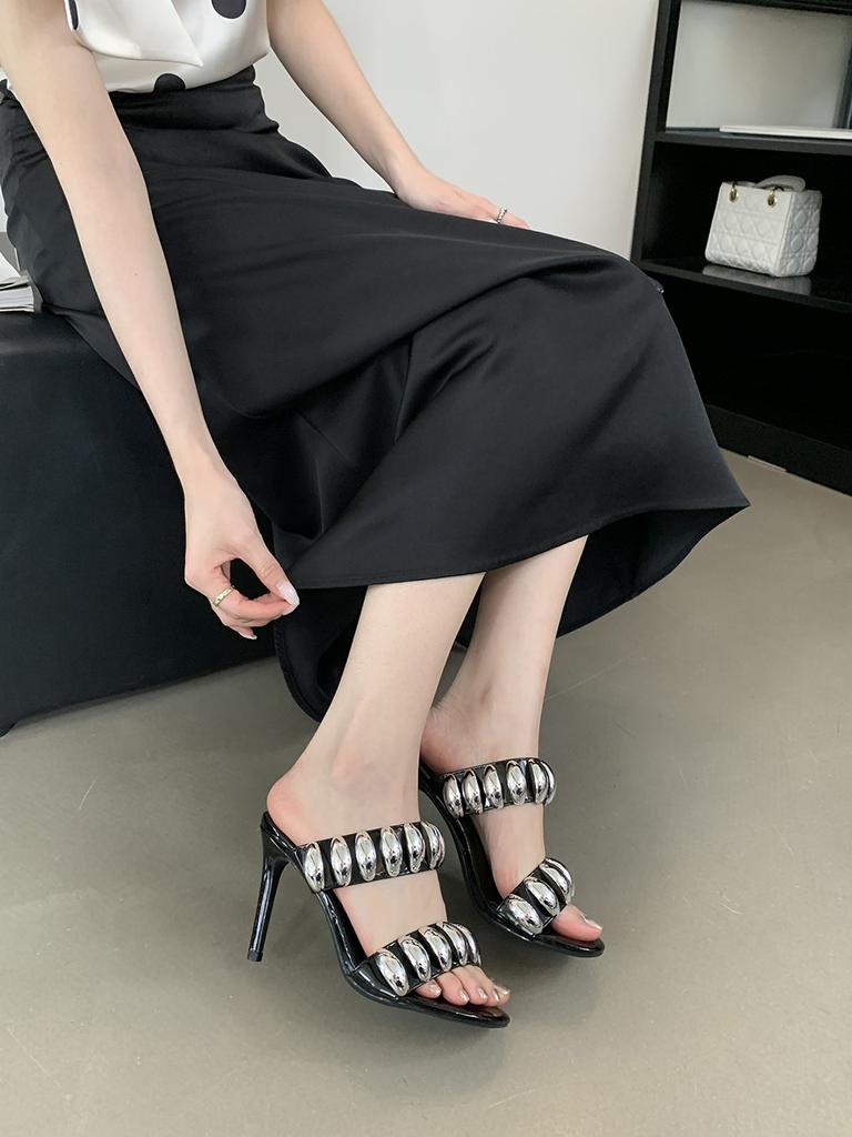 fashion Fashion Women Slides Slippers Sexy Party Pumps Thin High Heels Black Red Silver Gladiator Summer Dress Sandals Slip On Party  39