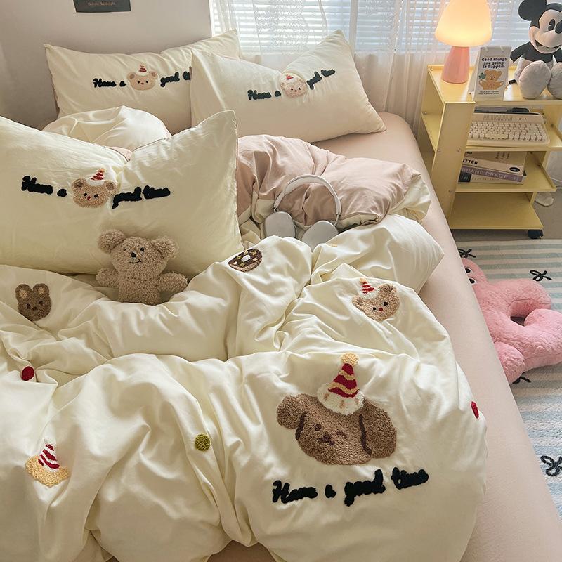 Håndkle Brodert Laken Dynetrekk Seng 4 stk Sett Vasket Bomull Student Tredelt Sett Sengetøy