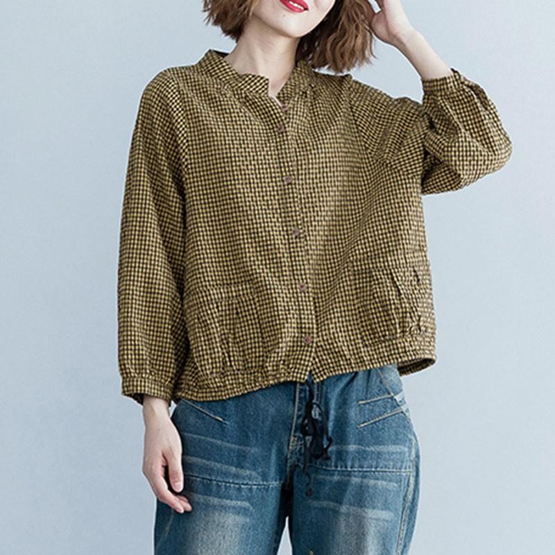 Plaid Cotton Linen Shirt Women Casual Spring Autumn Vintage Shirts Stand Collar Loose Female Long Sleeve Tops